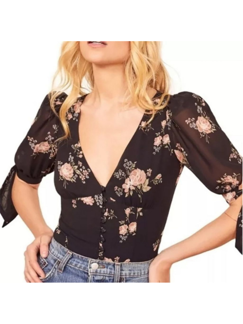 REFORMATION Ana Black Pink Floral V-Neck Button-Front Crop Top Blouse Size 0 - Picture 3 of 8